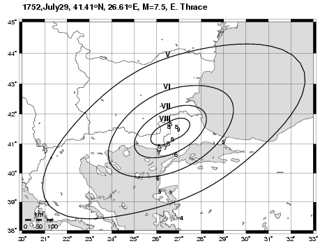 Αποτελέσματα Σεισμικής Επικινδυνότητας Μακροσεισμικές Παρατηρήσεις (Papazachos & Papazachou 2003) 1752, Ιούλιος 29, 41.31 o N, 26.51 o E, h = n, M = 7.4, Α. Θράκη (IX, Havsa) Papazachos et al.