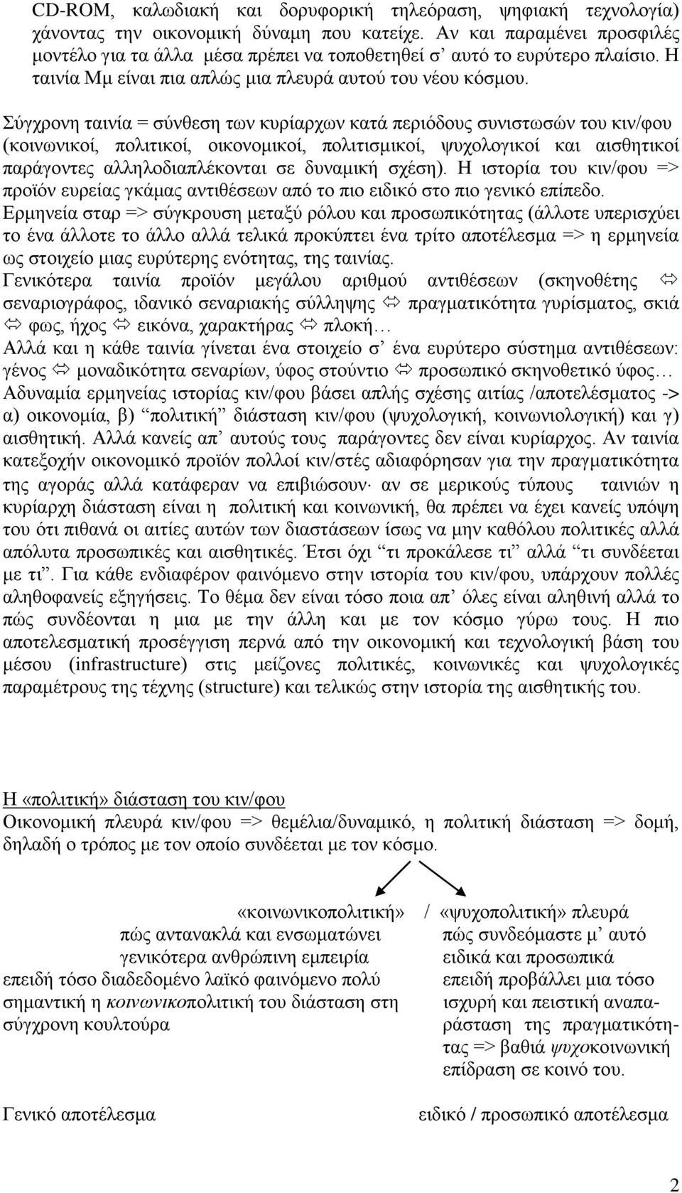 Σύγχρονη ταινία = σύνθεση των κυρίαρχων κατά περιόδους συνιστωσών του κιν/φου (κοινωνικοί, πολιτικοί, οικονομικοί, πολιτισμικοί, ψυχολογικοί και αισθητικοί παράγοντες αλληλοδιαπλέκονται σε δυναμική