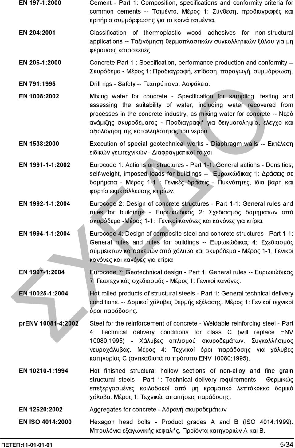 Classification of thermoplastic wood adhesives for non-structural applications -- Ταξινόµηση θερµοπλαστικών συγκολλητικών ξύλου για µη φέρουσες κατασκευές EN 206-1:2000 Concrete Part 1 :