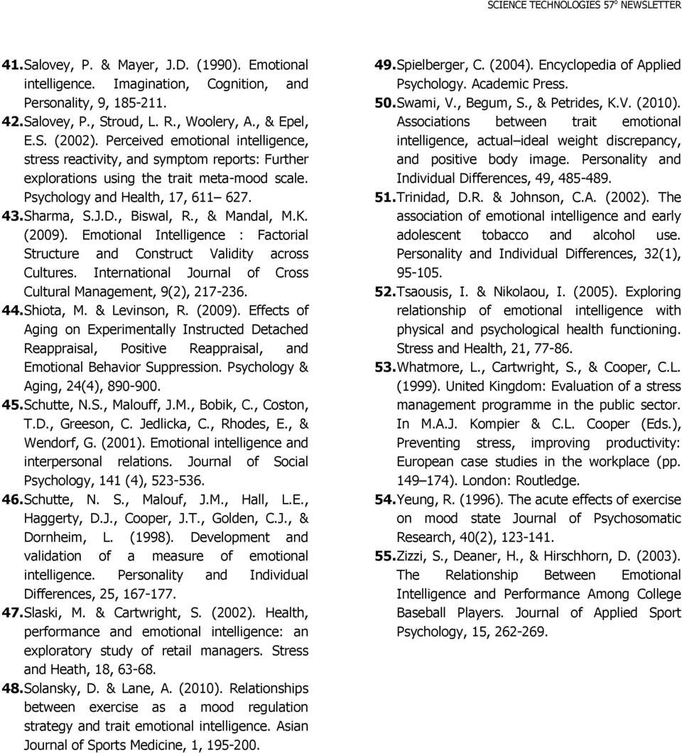 Sharma, S.J.D., Biswal, R., & Mandal, M.K. (2009). Emotional Intelligence : Factorial Structure and Construct Validity across Cultures.