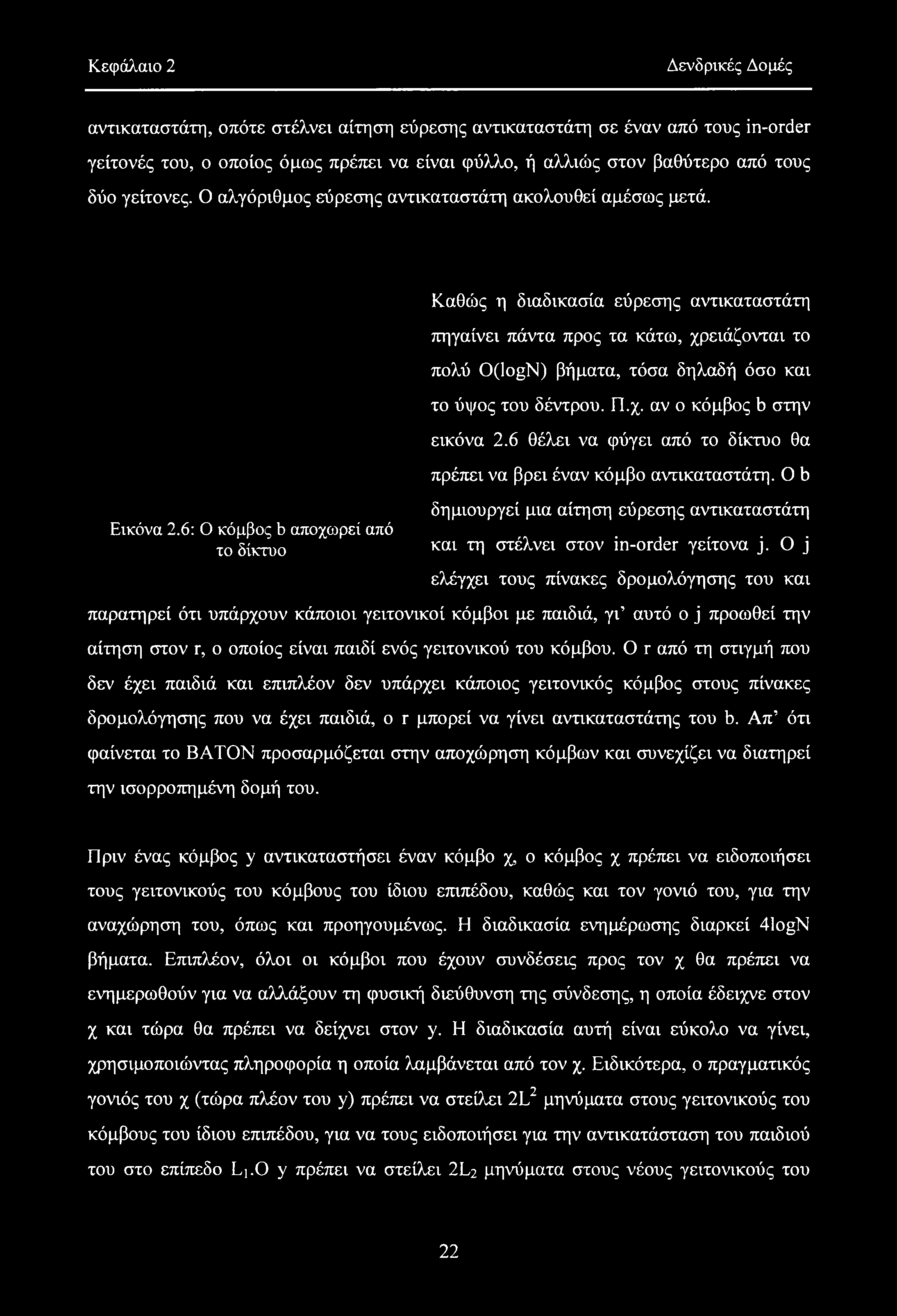 Κεφάλαιο 2 Δενδρικές Δομές αντικαταστάτη, οπότε στέλνει αίτηση εύρεσης αντικαταστάτη σε έναν από τους in-order γείτονές του, ο οποίος όμως πρέπει να είναι φύλλο, ή αλλιώς στον βαθύτερο από τους δύο