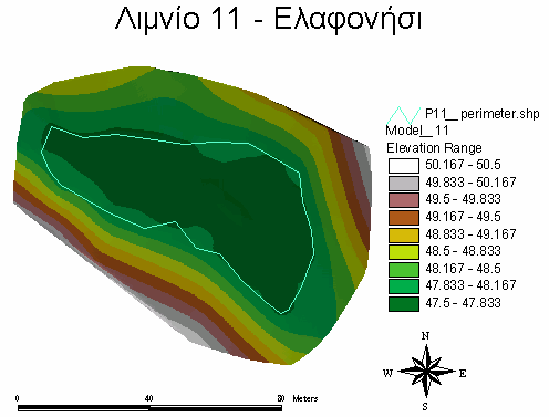 ΚΕΦ.6 ΠΡΟΣΔΙΟΡΙΣΜΟΣ ΤΗΣ ΥΔΡΟΠΕΡΙΟΔΟΥ ΤΩΝ ΜΕΛ ΜΕ ΤΟ ΜΟΝΤΕΛΟ HPM 78 Χάρτης 6.2. Τρισδιάστατο μοντέλο εδάφους του λιμνίου 11 στο Ελαφονήσι.