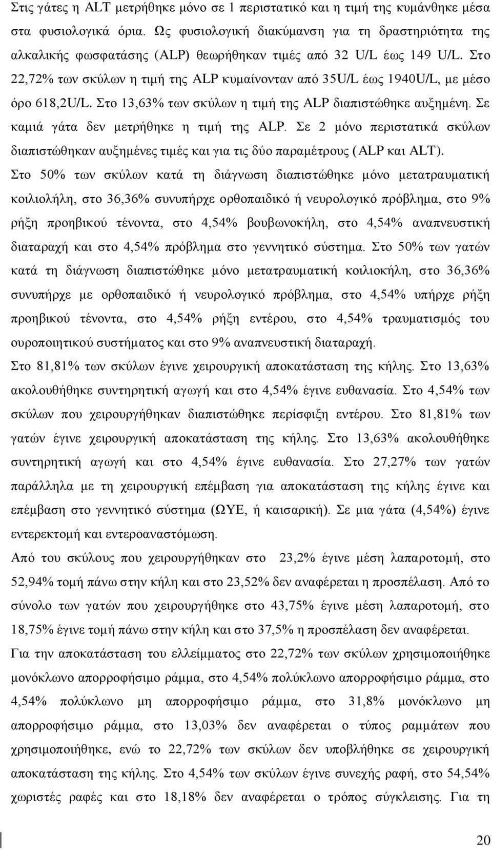 ην 22,72% ησλ ζθχισλ ε ηηκή ηεο ALP θπκαίλνληαλ απφ 35U/L έσο 1940U/L, κε κέζν φξν 618,2U/L. ην 13,63% ησλ ζθχισλ ε ηηκή ηεο ALP δηαπηζηψζεθε απμεκέλε. ε θακηά γάηα δελ κεηξήζεθε ε ηηκή ηεο ALP.