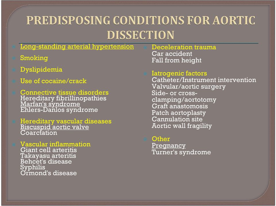 Behcet's disease Syphilis Ormond's disease Deceleration trauma Car accident Fall from height Iatrogenic factors Catheter/Instrument intervention