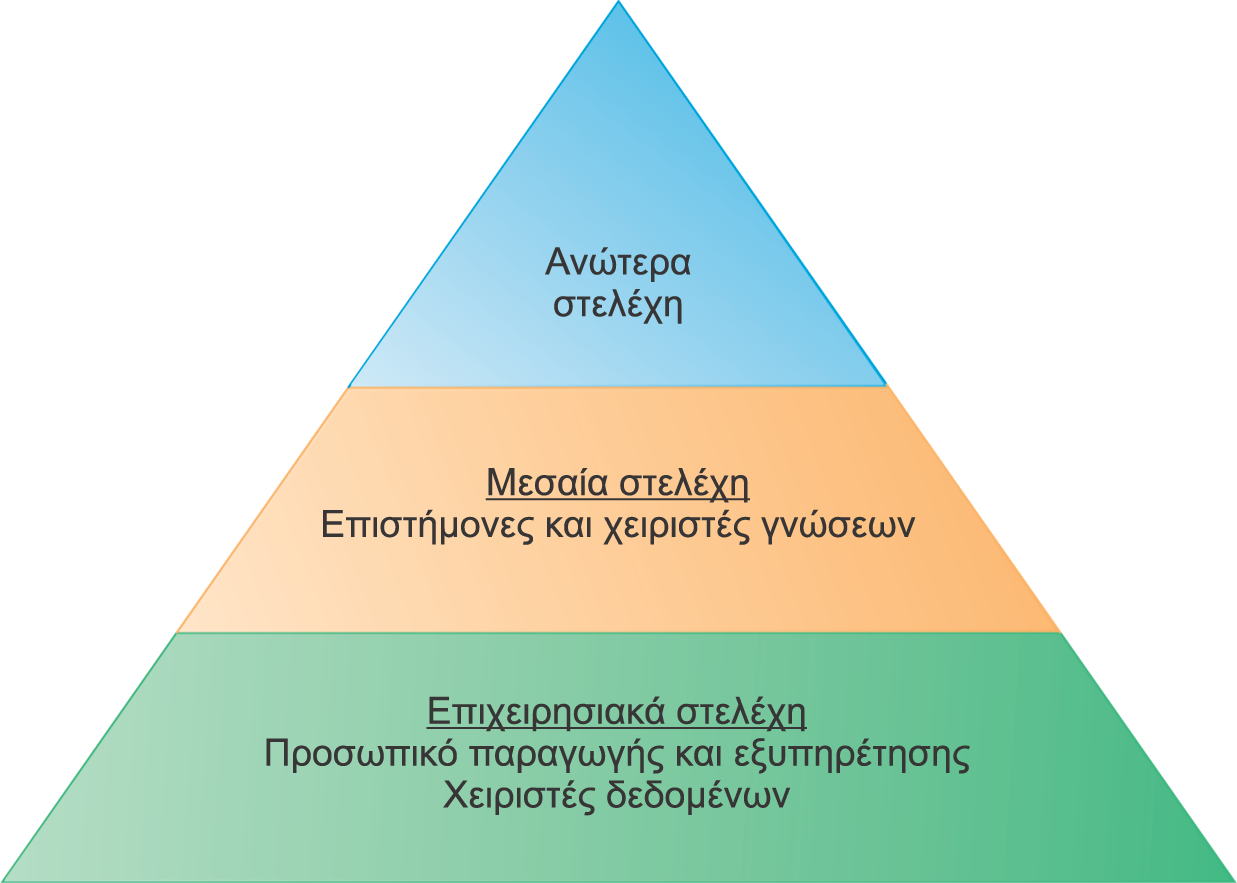 Οι βαθμίδες της ιεραρχίας μιας επιχείρησης Οι επιχειρηματικοί οργανισμοί είναι ιεραρχίες που αποτελούνται από τρία βασικά επίπεδα: τα ανώτερα στελέχη, τα μεσαία στελέχη και τα επιχειρησιακά στελέχη.