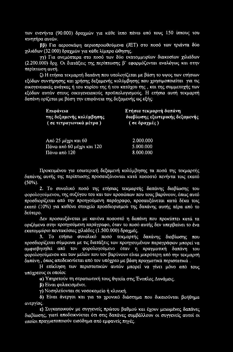 των ενενήντα (90.000) δραχμών γτα κάθε ίππο πάνω από τους 150 ίππους του κινητήρα αυτών. ββ) Για αεροσκάφη αεριοπροωθούμενα (JET) στο ποσό των τριάντα δύο χιλιάδων (32.