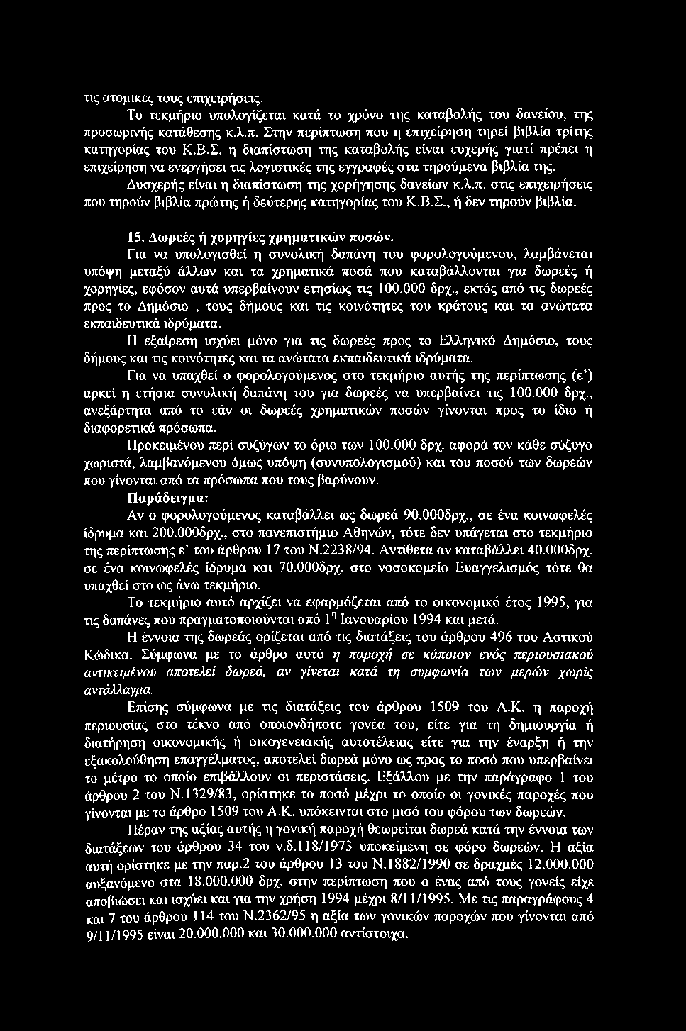 τις ατομικές τους ετηχειρήσεις. Το τεκμήριο υπολογίζεται κατά το χρόνο της καταβολής του δανείου, της προσωρινής κατάθεσης κ.λ.π. Στην περίπτωση που η ετηχείρηση τηρεί βιβλία τρίτης κατηγορίας του Κ.