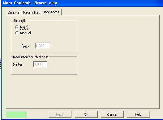 Σχήμα 4.2. Παράθυρο ιδιοτήτων εδαφικών υλικών και διεπιφανειών (Plaxis Tutorial Manual). Parameters window. Σχήμα 4.3. Παράθυρο ιδιοτήτων εδαφικών υλικών και διεπιφανειών (Plaxis Tutorial Manual). Interfaces window.