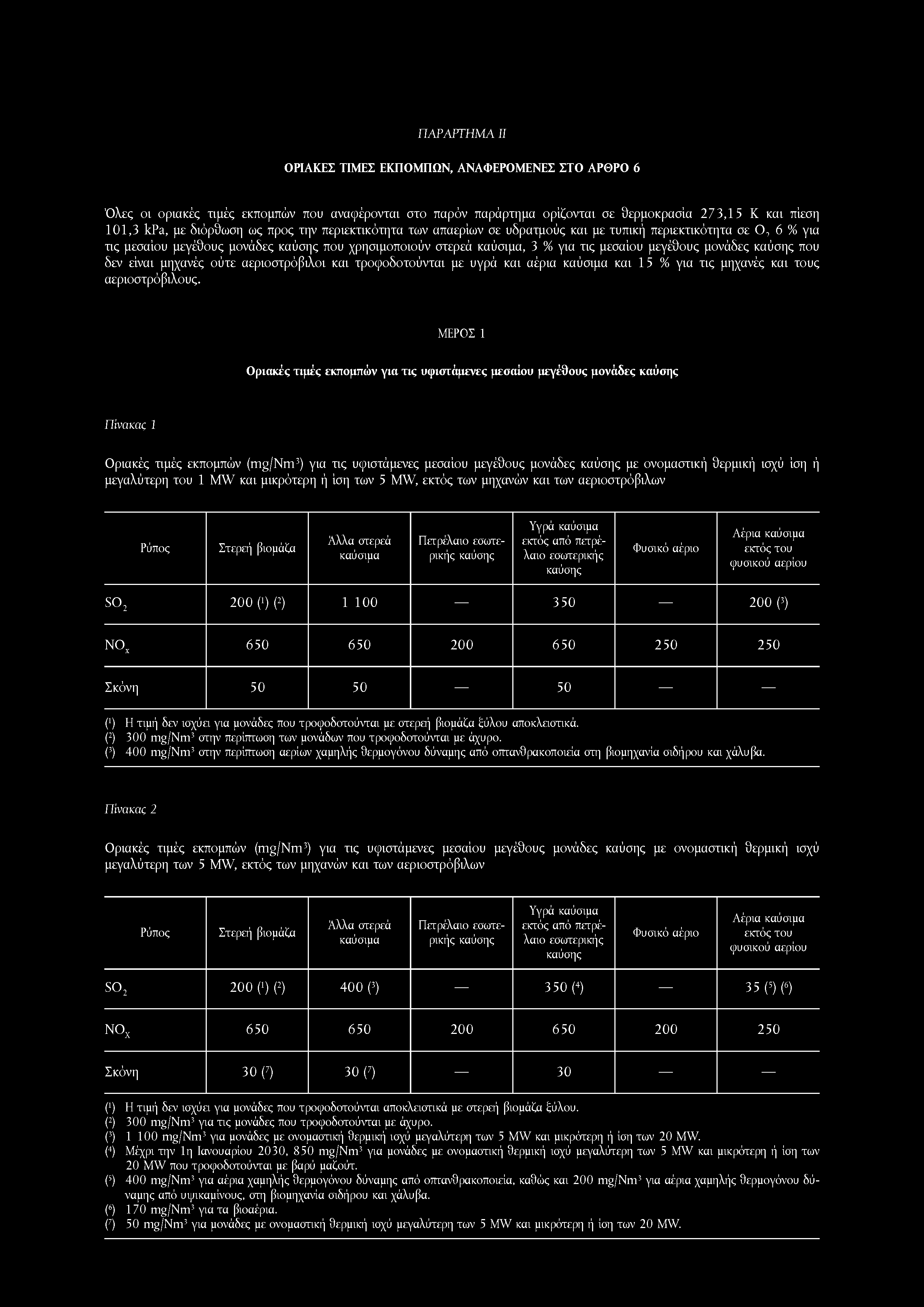 ΠΑΡΑΡΤΗΜ Α II ΟΡΙΑΚΕΣ ΤΙΜΕΣ ΕΚΠΟΜΠΩΝ, ΑΝΑΦΕΡΟΜΕΝΕΣ ΣΤΟ ΑΡΘΡΟ 6 Όλες οι οριακές πμές εκπομπών που αναφέρονται στο παρόν παράρτημα ορίζονται σε θερμοκρασία 273,15 Κ και πίεση 101,3 kpa, με διόρθωση ως