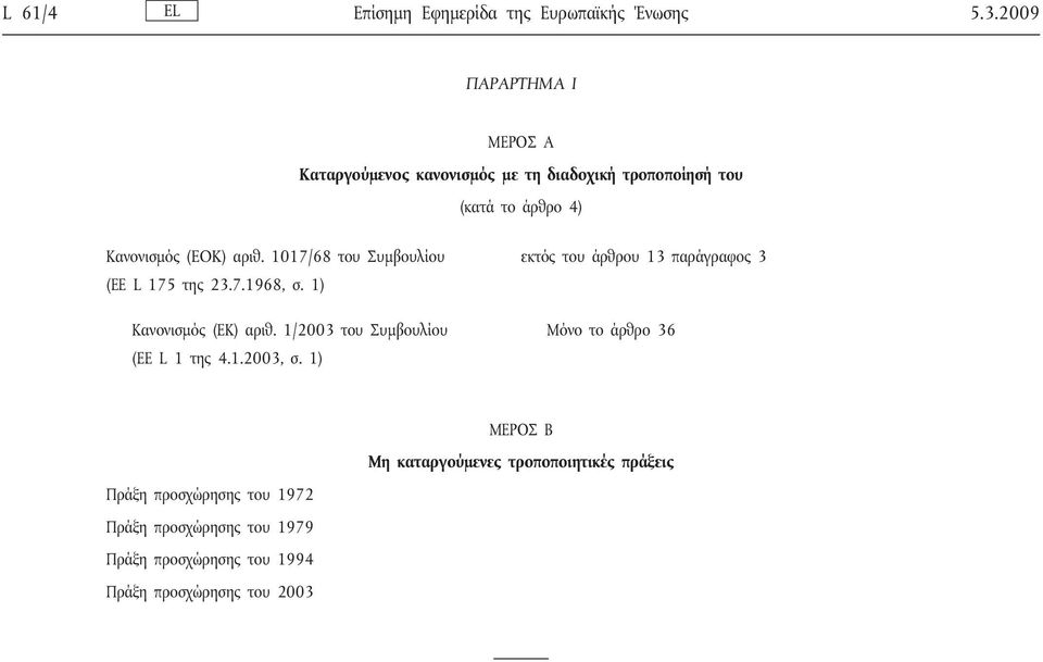 1017/68 του Συμβουλίου (ΕΕ L 175 της 23.7.1968, σ. 1) Κανονισμός (ΕΚ) αριθ. 1/2003 του Συμβουλίου (ΕΕ L1της 4.1.2003, σ.