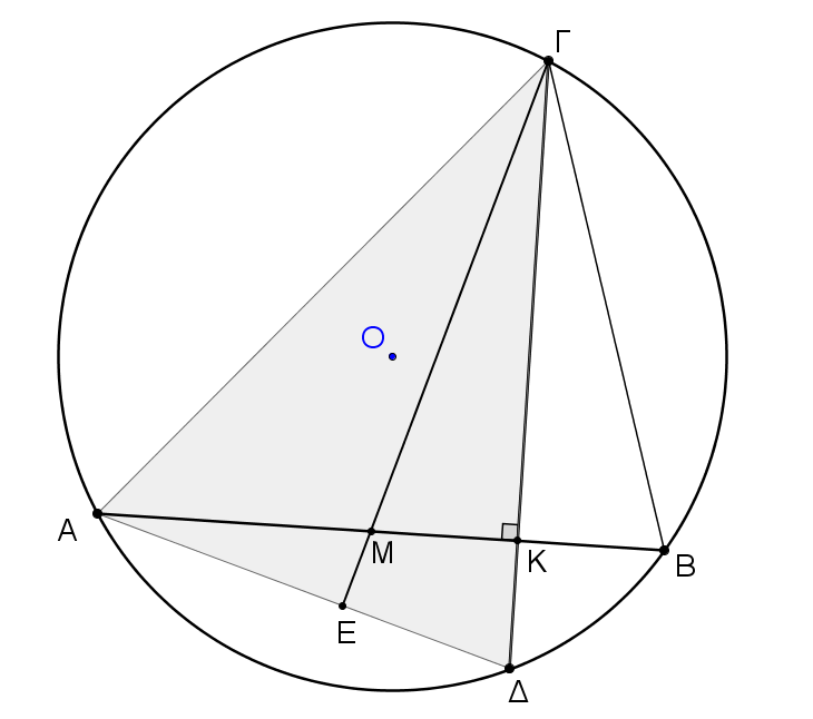 ˆ ˆ ˆ ˆ 0 ˆ 0 ΕΓΔ + ΔΓΕ = ΚΓΒ + ΓΒΚ = 80 ΓΚΒ = 80 90 = 90, αφού οι γωνίες ΓΒΚ ˆ και ΚΓΒ ˆ είναι οι δύο οξείες γωνίες του ορθογώνιου τριγώνου ΓΚΒ Επειδή οι δύο χορδές είναι κάθετες θα είναι και ΑΚ ΓΔ,