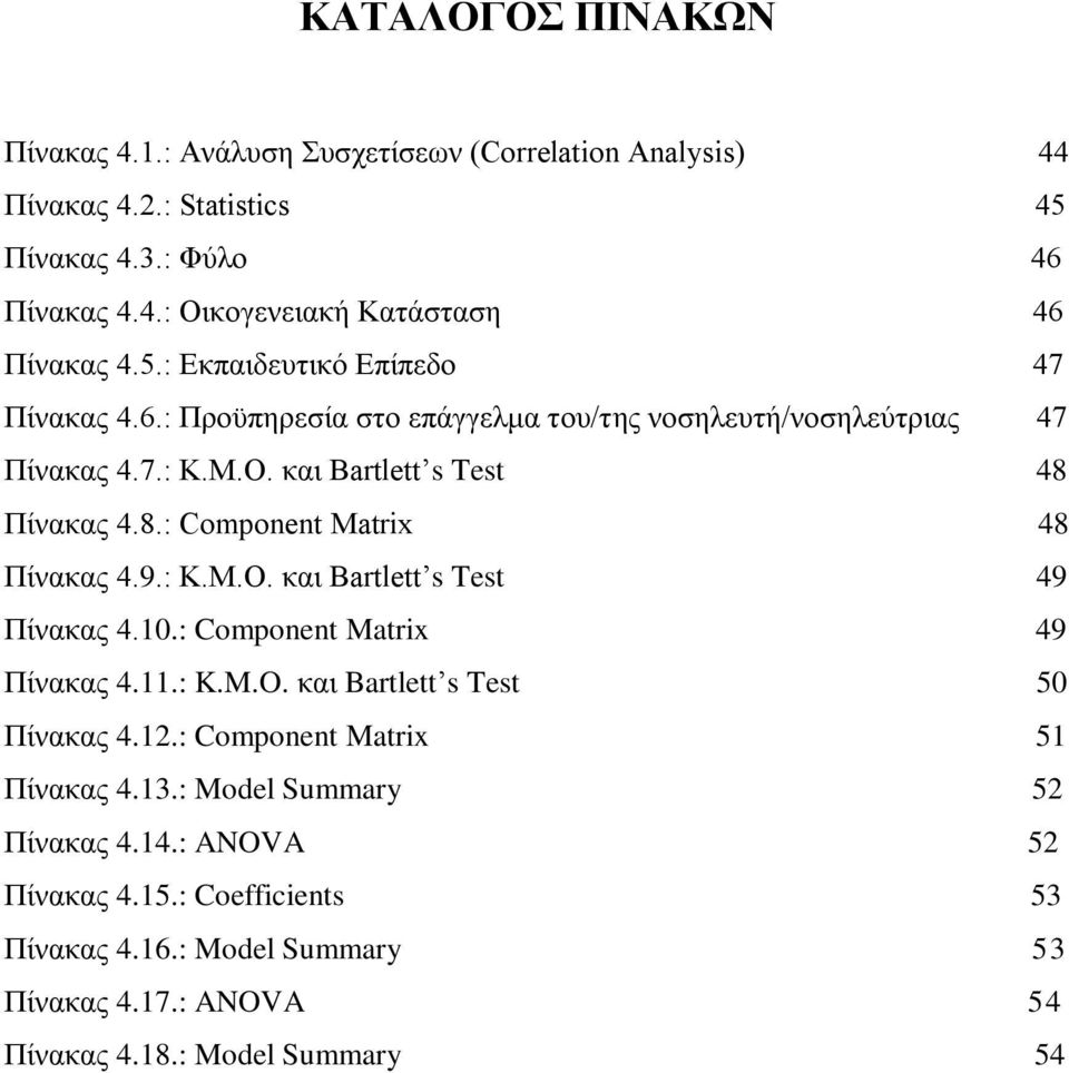 Πίλαθαο 4.8.: Component Matrix 48 Πίλαθαο 4.9.: K.M.O. θαη Bartlett s Test 49 Πίλαθαο 4.10.: Component Matrix 49 Πίλαθαο 4.11.: K.M.O. θαη Bartlett s Test 50 Πίλαθαο 4.12.