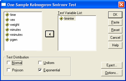 Άσκηση 7(Λύση) 9 Με το Kolmogorov-smirnov test, για έλεγχο προσαρµογής στην εκθετική κατανοµή, κάνουµε τα εξής (όπως ξέρουµε, το K-S εφαρµόζεται σε συνεχείς κατανοµές), Analyze/Non parametric/ sample