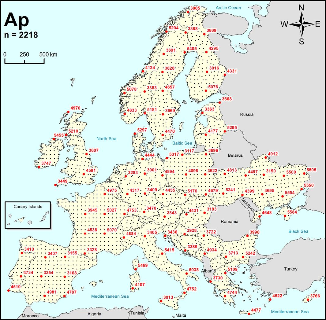 Γεωχημική χαρτογράφηση αγροτικών εδαφών της Ευρώπης 33 Ευρωπαϊκές χώρες 2100 αγροτικά δείγματα (1 δείγμα ανά 2500 km 2 ) από τα οποία 53 δείγματα ήταν από τον ελληνικό χώρο.