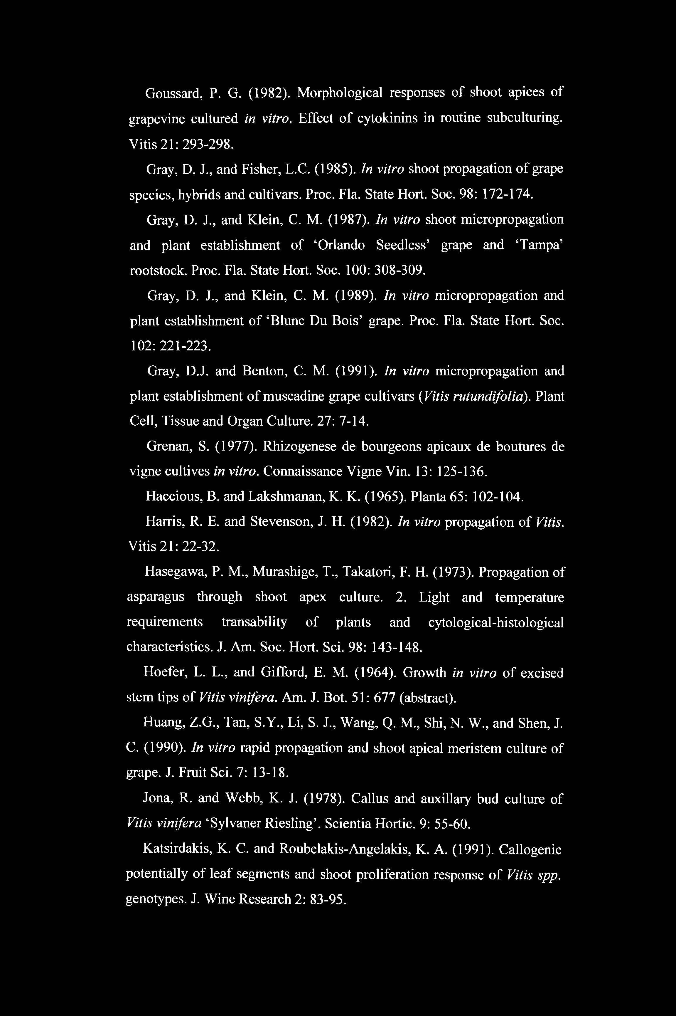 Goussard, P. G. (1982). Morphological responses of shoot apices of grapevine cultured in vitro. Effect of cytokinins in routine subculturing. Vitis 21: 293-298. Gray, D. J., and Fisher, L.C. (1985).