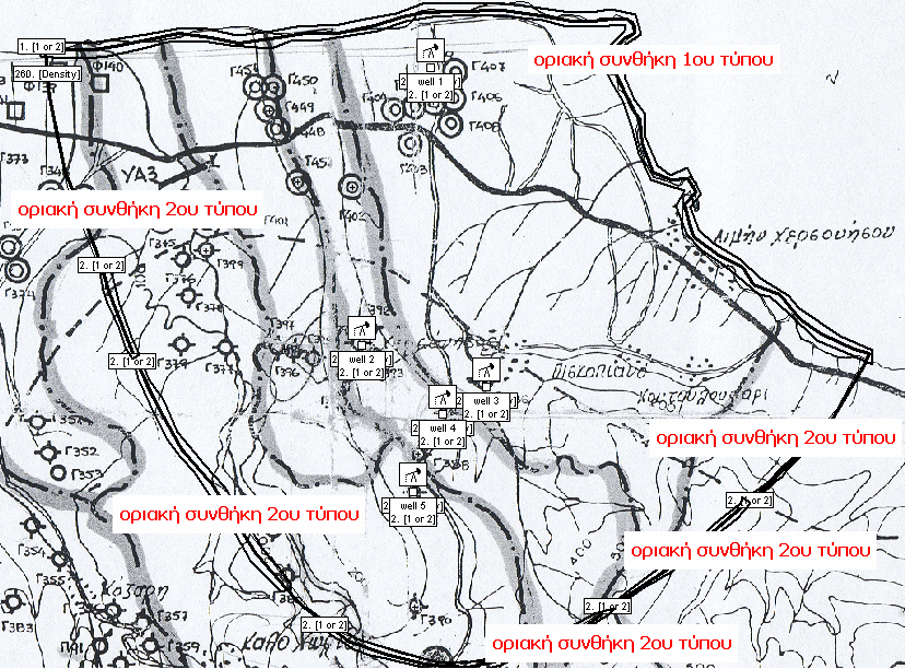 ΔΙΑΧΕΙΡΙΣΗ ΤΩΝ ΥΠΟΓΕΙΩΝ ΥΔΑΤΩΝ ΜΕ ΧΡΗΣΗ ΣΥΝΔΥΑΣΜΟΥ ΜΕΘΟΔΩΝ ΠΡΟΣΟΜΟΙΩΣΗΣ ΚΑΙ ΒΕΛΤΙΣΤΟΠΟΙΗΣΗΣ Σχήμα.7: Ο τοπογραφικός χάρτης της περιοχής με τα πηγάδια άντλησης και τις οριακές συνθήκες. 6.