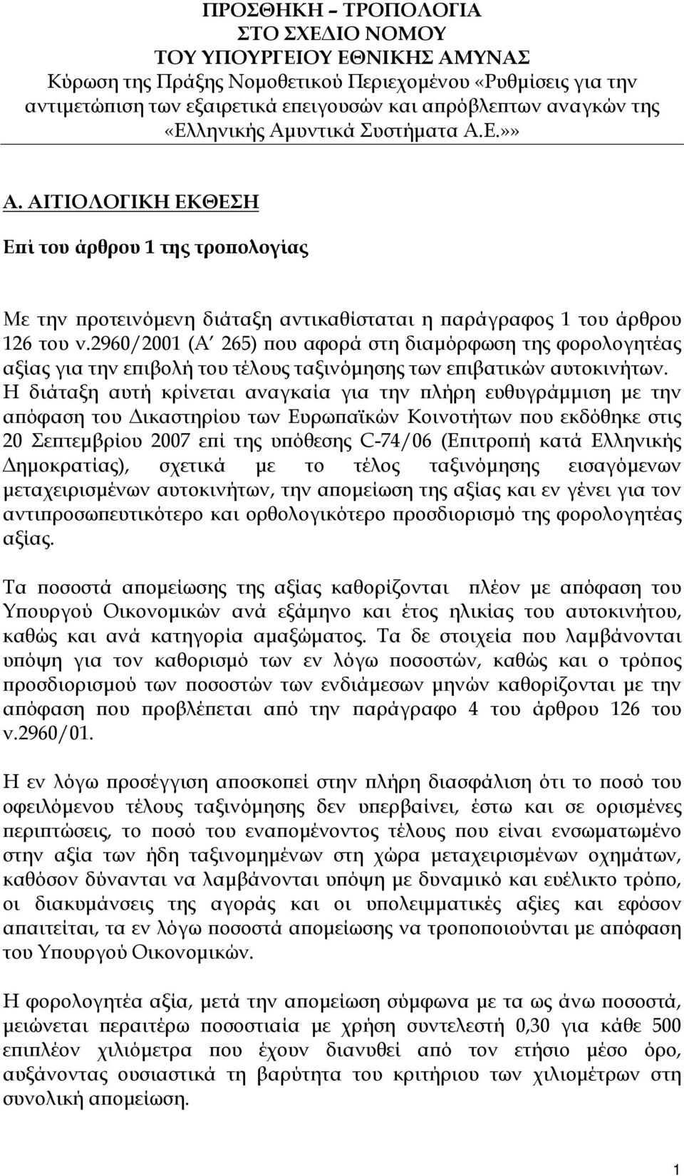 2960/2001 (A 265) που αφορά στη διαμόρφωση της φορολογητέας αξίας για την επιβολή του τέλους ταξινόμησης των επιβατικών αυτοκινήτων.