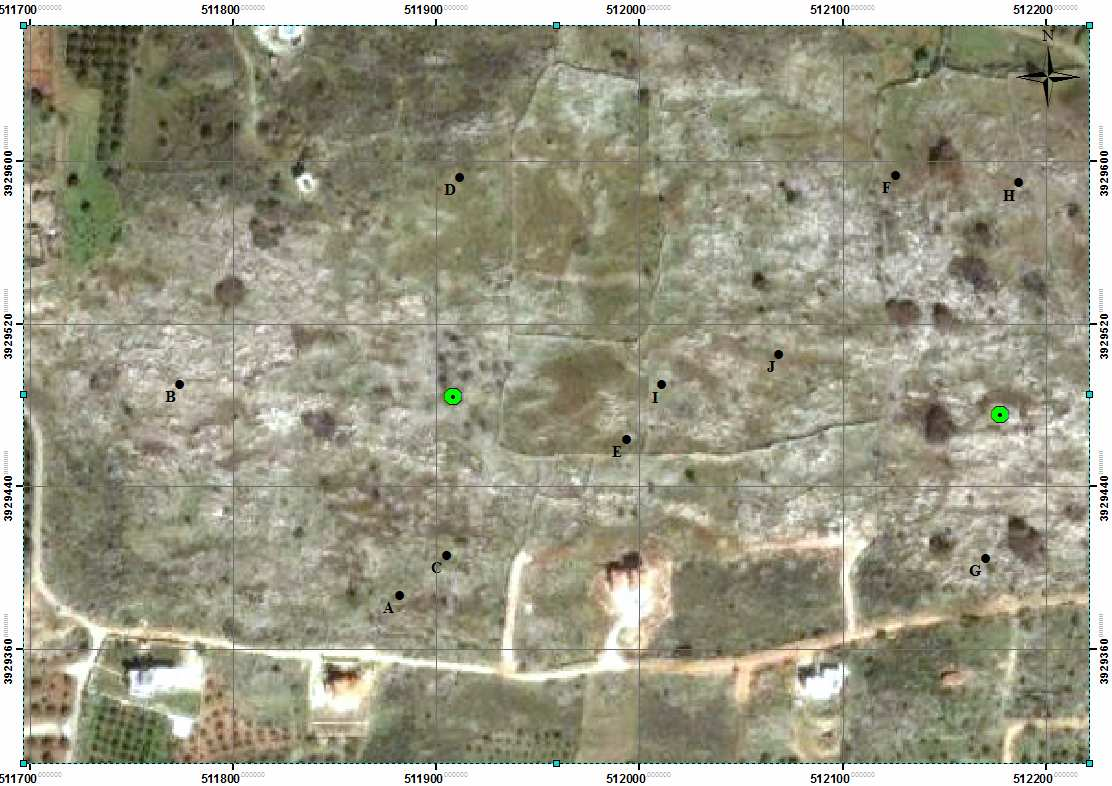 Εικόνα 8.6: Θέσεις των προτεινόµενων γεωτρήσεων µε τους πράσινους κύκλους στην περιοχή.