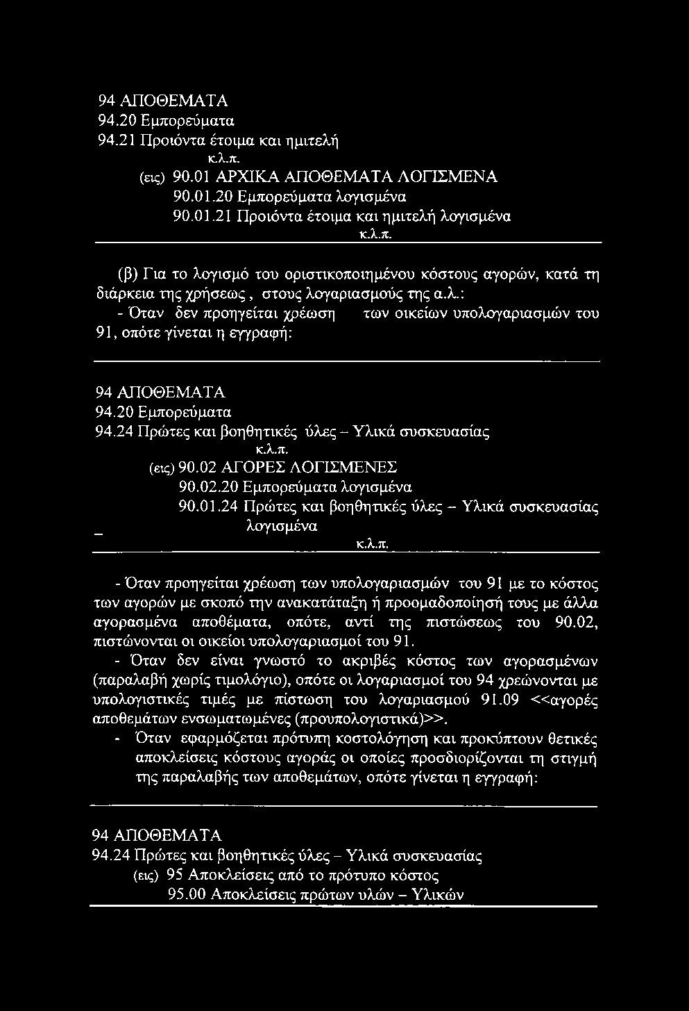 94 ΑΠΟΘΕΜΑΤΑ 94.20 Εμπορεύματα 94.21 Προϊόντα έτοιμα και ημιτελή κ.λ.π. (εις) 90.01 ΑΡΧΙΚΑ ΑΠΟΘΕΜΑΤΑ ΑΟΠΣΜΕΝΑ 90.01.20 Εμπορεύματα λογισμένα 90.01.21 Προϊόντα έτοιμα και ημιτελή λογισμένα κ.λ.π. (β) Για το λογισμό του οριστικοποιημένου κόστους αγορών, κατά τη διάρκεια της χρήσεως, στους λογαριασμούς της α.