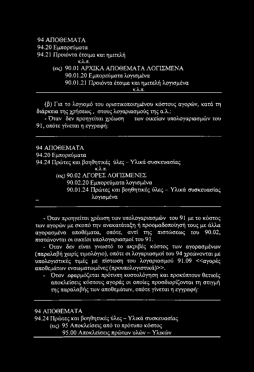 94 ΑΠΟΘΕΜΑΤΑ 94.20 Εμπορεύματα 94.21 Προϊόντα έτοιμα και ημιτελή κ.λ.π. (εις) 90.01 ΑΡΧΙΚΑ ΑΠΟΘΕΜΑΤΑ ΛΟΓΙΣΜΕΝΑ 90.01.20 Εμπορεύματα λογισμένα 90.01.21 Προϊόντα έτοιμα και ημιτελή λογισμένα κ.λ.π. (β) Για το λογισμό του οριστικοποιημένου κόστους αγορών, κατά τη διάρκεια της χρήσεως, στους λογαριασμούς της α.