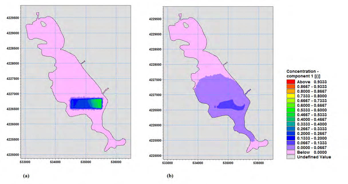 120 Σχήμα 6.3 Η συγκέντρωση του ρύπου (a) στην αρχή της προσομοίωσης και (b) μετά από μία ημέρα. 6.1.2 Συγκέντρωση διατηρητικού ρύπου σε τυχαία κηλίδα στο Β.Δ.