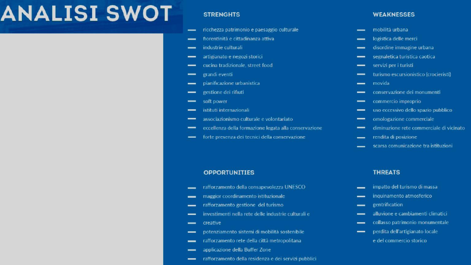 Ανάλυση SWOT Σημεία υπεροχής Πολιτιστικός πλούτος και τοπία πολιτιστικής αξίας Έντονος τοπικός χαρακτήρας και ενεργοί πολίτες Πολιτιστική βιομηχανία Βιοτεχνία και ιστορικά καταστήματα Παραδοσιακή