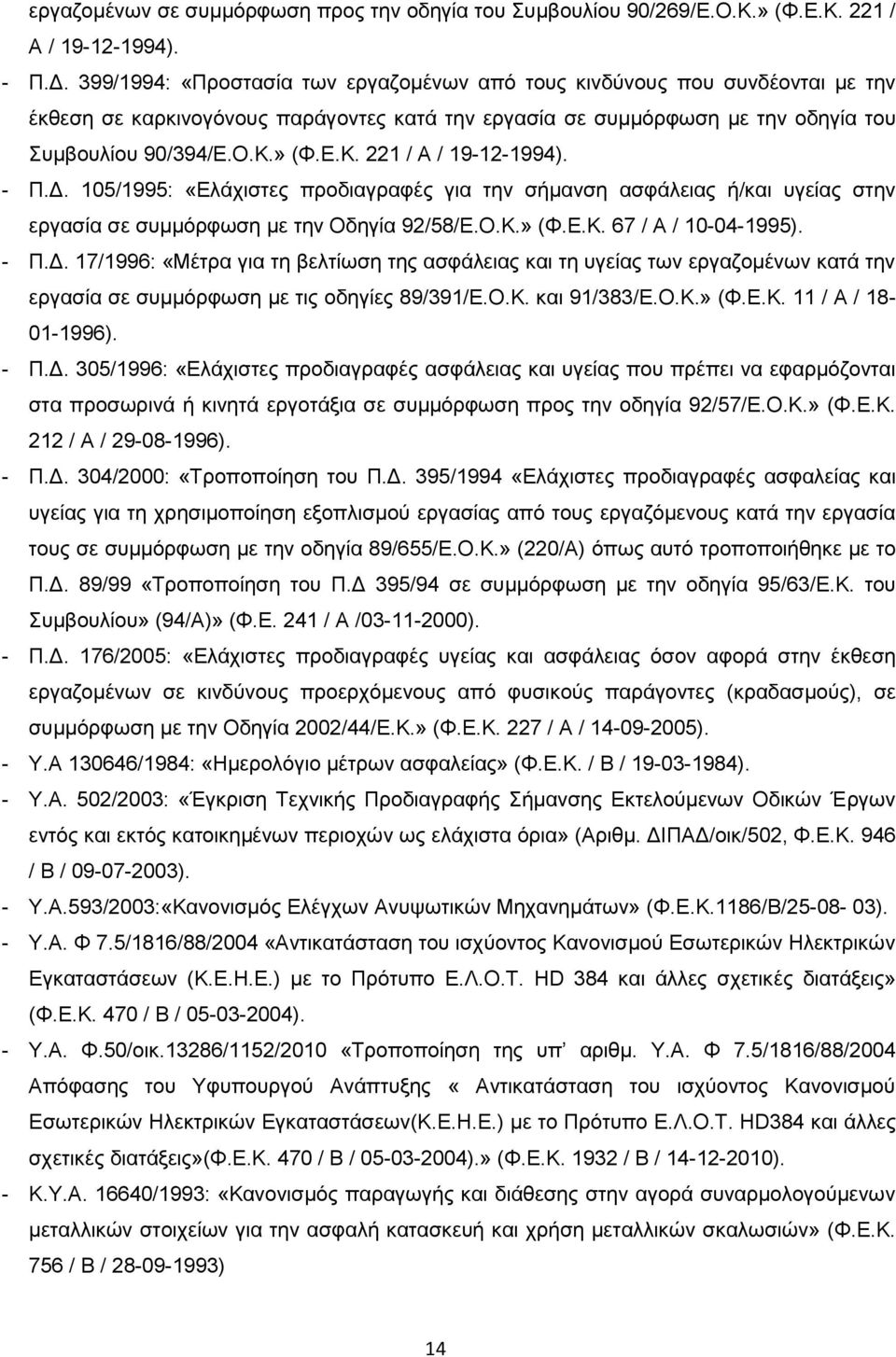 » (Φ.Ε.Κ. 221 / Α / 19-12-1994). - Π.Δ. 105/1995: «Ελάχιστες προδιαγραφές για την σήμανση ασφάλειας ή/και υγείας στην εργασία σε συμμόρφωση με την Οδηγία 92/58/Ε.Ο.Κ.» (Φ.Ε.Κ. 67 / Α / 10-04-1995).