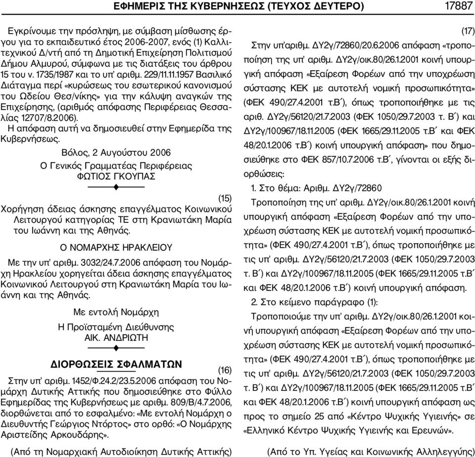 11.1957 Βασιλικό Διάταγμα περί «κυρώσεως του εσωτερικού κανονισμού του Ωδείου Θεσ/νίκης» για την κάλυψη αναγκών της Επιχείρησης, (αριθμός απόφασης Περιφέρειας Θεσσα λίας 12707/8.2006).