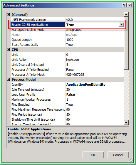 Στην περίπτωση που το Λειτουργικό Σύστημα του Διακομιστή ο οποίος φιλοξενεί τον IIS είναι της κλάσης των 64-bit, είναι απαραίτητο να ενεργοποιήσουμε την υποστήριξη 32-bit εφαρμογών για το Application