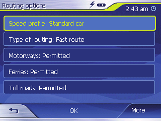 Καθορισμός των επιλογών πορείας Καθορισμός των επιλογών πορείας Στο μενού Routing options (Επιλογές διαδρομής), μπορείτε να καθορίσετε το προφίλ της ταχύτητας του αυτοκινήτου, να επιλέξετε το είδος