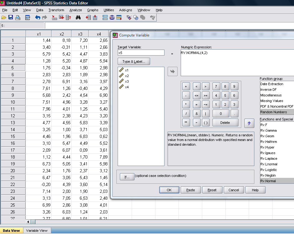 Προσομοίωση τυχαίου δείγματος Κανονική Κατανομή a. σε ένα νέο Data Set βάζουμε έναν αριθμό στην 1 η στήλη στο 100 ο κελί (για να πάρουμε 100 τιμές) b. Transform >Compute Variable c.