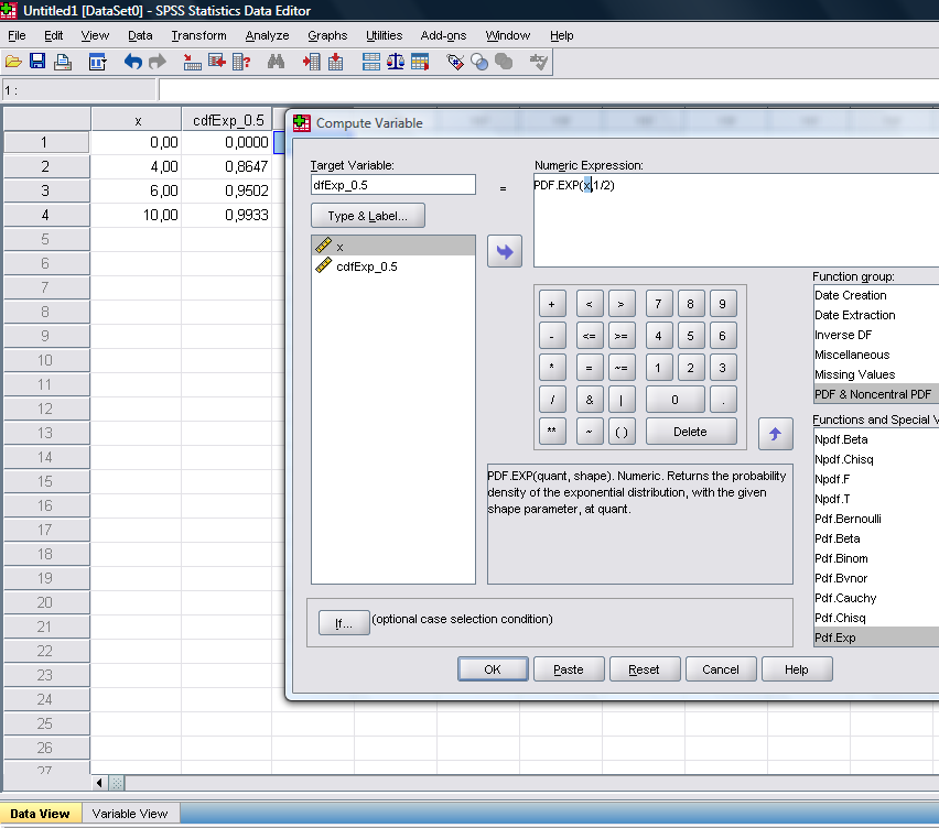 Υπολογισμός Πιθανοτήτων Εκθετική Κατανομή a. σε νέο Data Set βάζουμε στη στήλη x τις τιμές (0) 4, 6 και 10 που μας ενδιαφέρουν εδώ b. για Target Variable επιλέγω cdfexp_0.5 (ή dfexp_0.5 ) c.