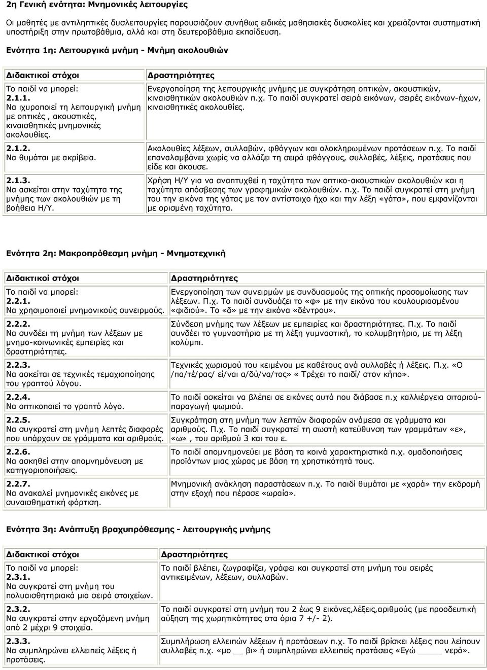 2.1.3. Να ασκείται στην ταχύτητα της µνήµης των ακολουθιών µε τη βοήθεια Η/Υ. Ενεργοποίηση της λειτουργικής µνήµης µε συγκράτηση οπτικών, ακουστικών, κιναισθητικών ακολουθιών π.χ. Το παιδί συγκρατεί σειρά εικόνων, σειρές εικόνων-ήχων, κιναισθητικές ακολουθίες.