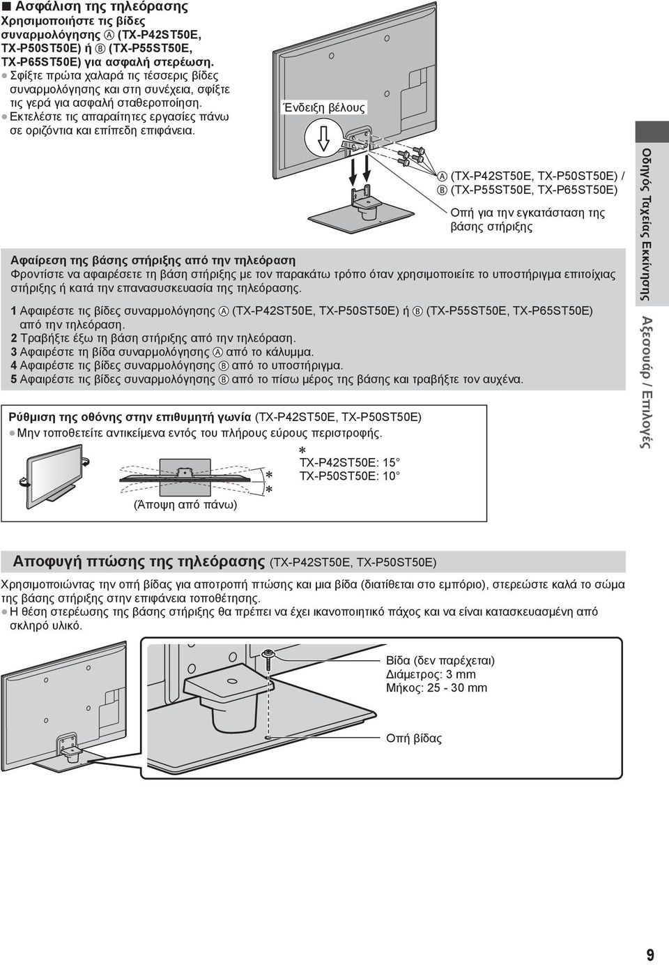 Ένδειξη βέλους (TX-P42ST50E, TX-P50ST50E) / (TX-P55ST50E, TX-P65ST50E) Οπή για την εγκατάσταση της βάσης στήριξης Αφαίρεση της βάσης στήριξης από την τηλεόραση Φροντίστε να αφαιρέσετε τη βάση