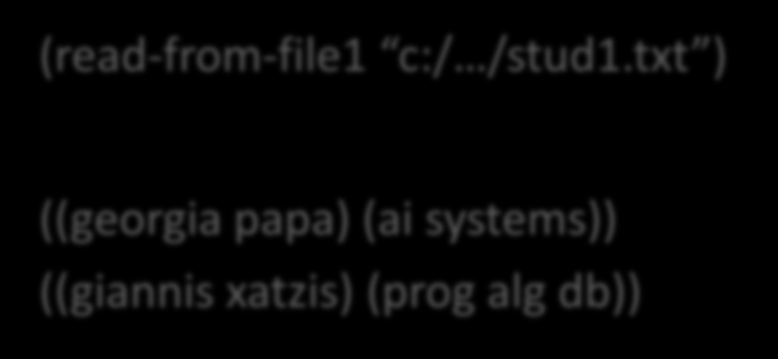 Διαχείριση Αρχείων (3) (defun read-from-file1 (file) (with-open-file (stud-stream file :direction :input) (dotimes (n 2) (print (read stud-stream))))) stud1.