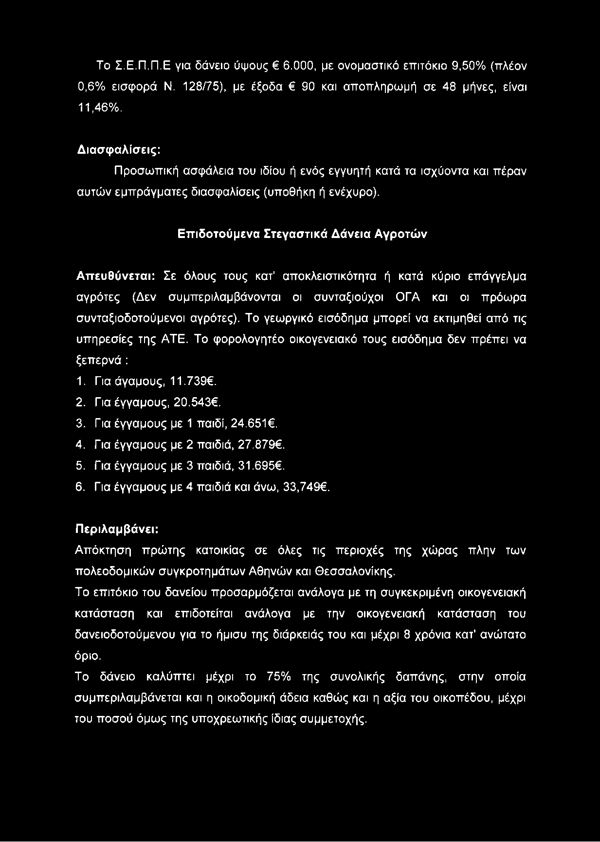 Το Σ.Ε.Π.Π.Ε για δάνειο ύψους 6.000, με ονομαστικό επιτόκιο 9,50% (πλέον 0,6% εισφορά Ν. 128/75), με έξοδα 90 και αποπληρωμή σε 48 μήνες, είναι 11,46%.