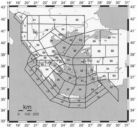 Σχήµα 3.6. Σεισµικές πηγές των επιφανειακών σεισµών της Ελλάδας και των γύρω περιοχών (Papazachos and Papaioannou, 1997). κωδικός Ονοµα b a Area (Km2) Mmax Rate, M>5.