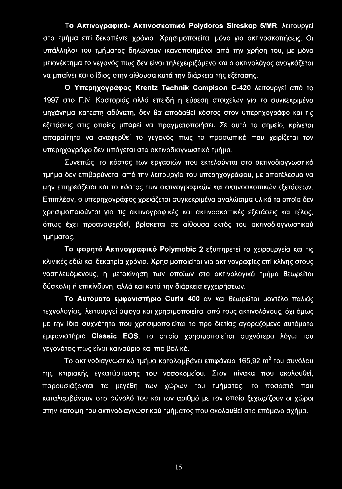 Το Ακτινογραφικό- Ακτινοσκοπικό Polydoros Sireskop 5/MR, λειτουργεί στο τμήμα επί δεκαπέντε χρόνια. Χρησιμοποιείται μόνο για ακτινοσκοπήσεις.