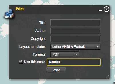 Print Το Print widget δίνει τη δυνατότητα στο χρήστη να εκτυπώσει το κομμάτι του χάρτη που βλέπει (WYSIWYG - What You See Is What You Get).