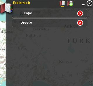 Bookmarks Το widget Bookmarks αποθηκεύει τις αγαπημένες τοποθεσίες του χρήστη στο χάρτη. Το κουμπί Bookmarks προβάλει μια λίστα με τις καταχωρήσεις των χωρικών αγαπημένων του χρήστη.