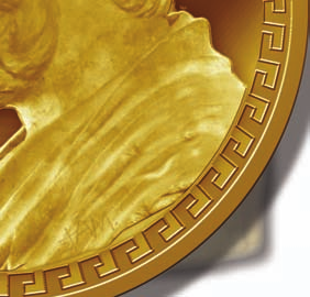 200 collector gold coin dedicated to Greek culture Hippocrates of Cos. The obverse features a portrait of Hippocrates, while the reverse features Asclepius healing patients.