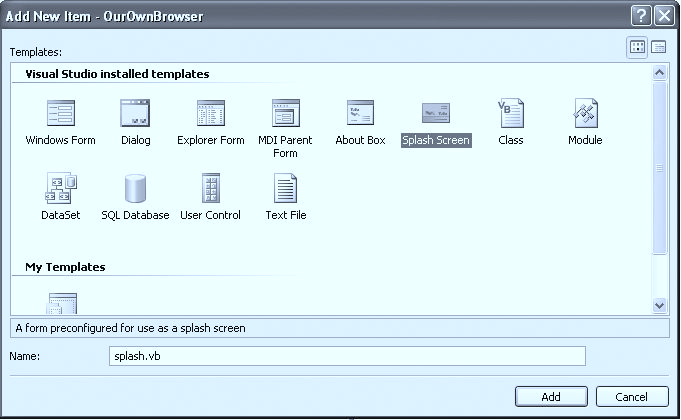 Κεφάλαιο 6: Τροποποιήστε το φυλλοµετρητή Ιστού σας τώρα! 127 ❷ Επιλέξτε το πρ τυπο Splash Screen και ονομάστε το splash.vb, πως φαίνεται στην Εικ να 6-1. Στη συνέχεια πατήστε στο κουμπί Add.