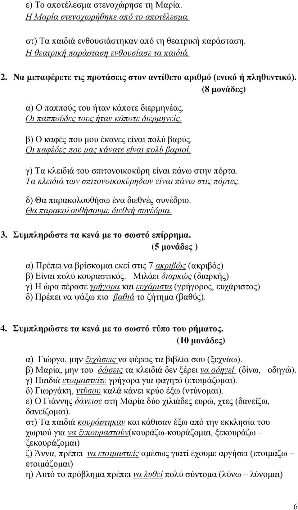 β) Ο καφές που μου έκανες είναι πολύ βαρύς. Οι καφέδες που μας κάνατε είναι πολύ βαριοί. γ) Τα κλειδιά του σπιτονοικοκύρη είναι πάνω στην πόρτα.