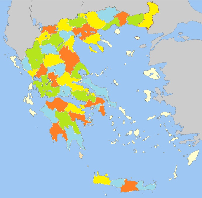 154 Κεφάλαιο 6. Αλγοριθμικές Τεχνικές Σχήμα 6.5: Ο χάρτης της Ελλάδας και ένας έγκυρος χρωματισμός της ηπειρωτικής Ελλάδας με την Κρήτη και την Έυβοια χρησιμοποιώντας 4 χρώματα.