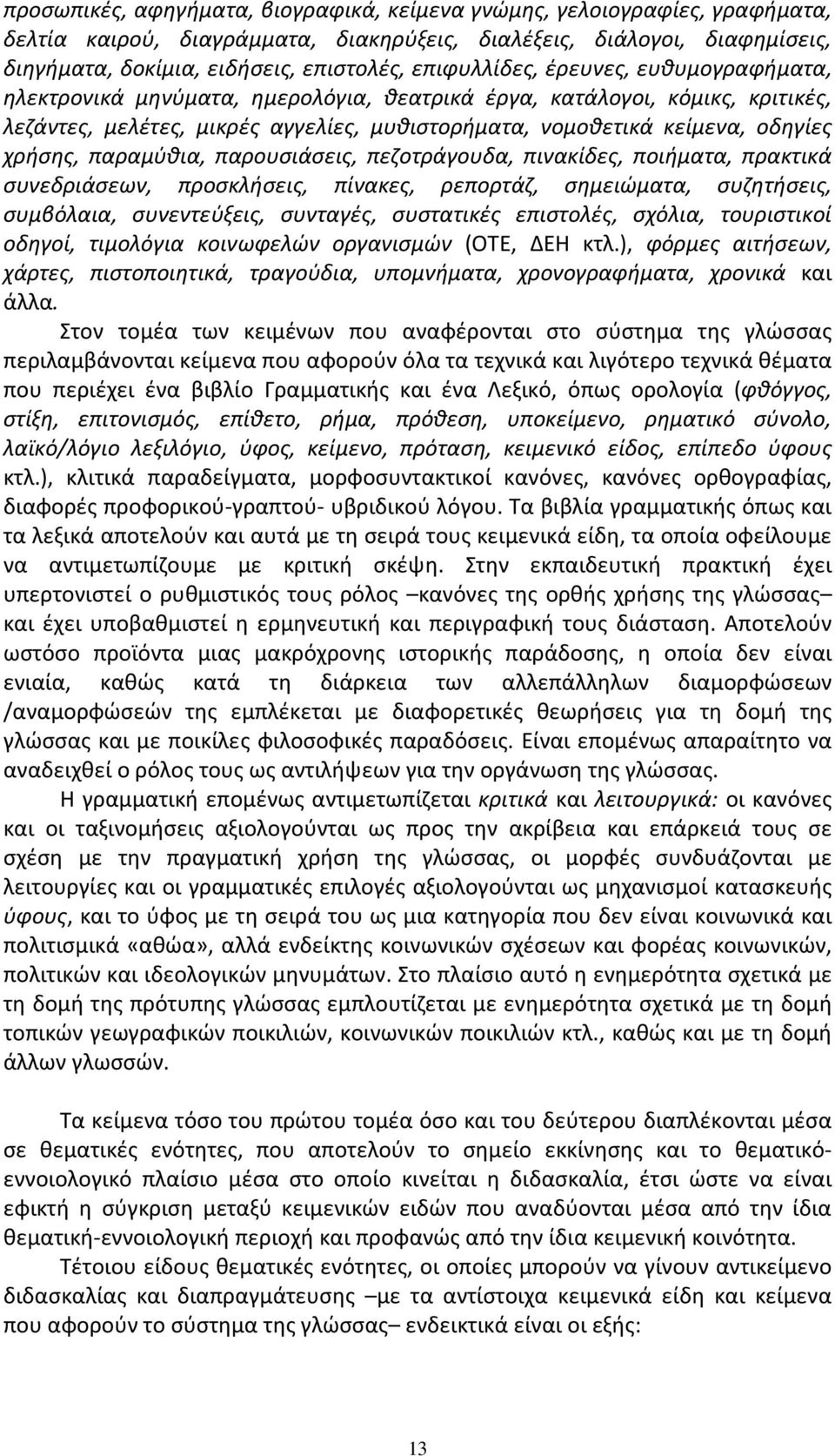 χρήσης, παραμύθια, παρουσιάσεις, πεζοτράγουδα, πινακίδες, ποιήματα, πρακτικά συνεδριάσεων, προσκλήσεις, πίνακες, ρεπορτάζ, σημειώματα, συζητήσεις, συμβόλαια, συνεντεύξεις, συνταγές, συστατικές