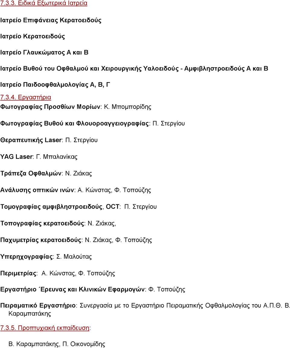 Mπαιαλίθαο Τξάπεδα Οθζαικώλ: Ν. Εηάθαο Αλάιπζεο νπηηθώλ ηλώλ: Α. Κώλζηαο, Φ. Σνπνύδεο Τνκνγξαθίαο ακθηβιεζηξνεηδνύο, OCT: Π. ηεξγίνπ Tνπνγξαθίαο θεξαηνεηδνύο: N. Zηάθαο, Παρπκεηξίαο θεξαηνεηδνύο: N.