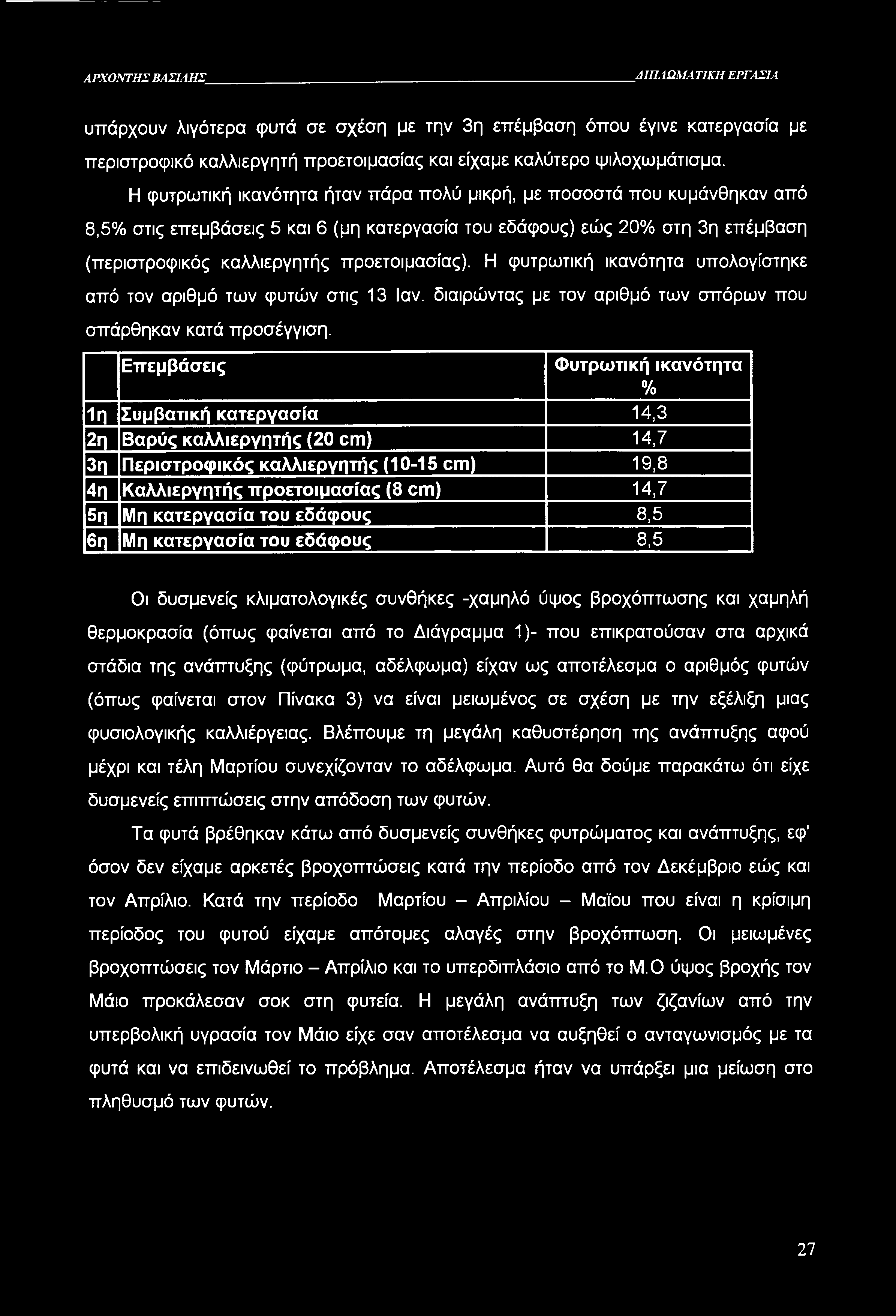 ΑΡΧΟΝΤΗΣ ΒΑΣΙΛΗΣ Δ1Π. ΙΩΜΑ ΤΙΚΗ ΕΡΓΑΣΙΑ υπάρχουν λιγότερα φυτά σε σχέση με την 3η επέμβαση όπου έγινε κατεργασία με περιστροφικό καλλιεργητή προετοιμασίας και είχαμε καλύτερο ψιλοχωμάτισμα.