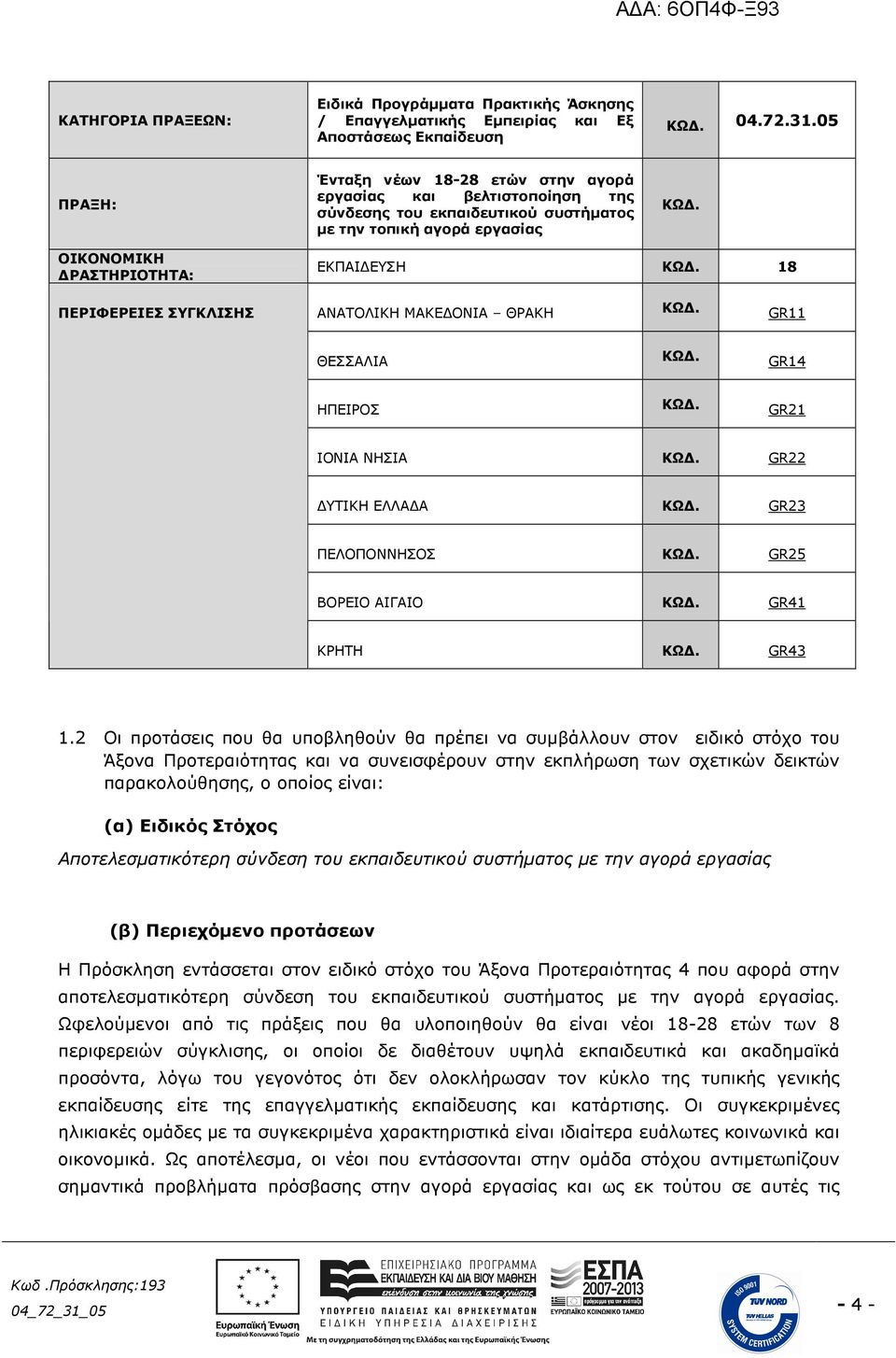 ΟΙΚΟΝΟΜΙΚΗ ΡΑΣΤΗΡΙΟΤΗΤΑ: ΠΕΡΙΦΕΡΕΙΕΣ ΣΥΓΚΛΙΣΗΣ ΕΚΠΑΙ ΕΥΣΗ ΚΩ. 18 ΑΝΑΤΟΛΙΚΗ ΜΑΚΕ ΟΝΙΑ ΘΡΑΚΗ ΚΩ. GR11 ΘΕΣΣΑΛΙΑ ΚΩ. GR14 ΗΠΕΙΡΟΣ ΚΩ. GR21 ΙΟΝΙΑ ΝΗΣΙΑ ΚΩ. GR22 ΥΤΙΚΗ ΕΛΛΑ Α ΚΩ. GR23 ΠΕΛΟΠΟΝΝΗΣΟΣ ΚΩ.