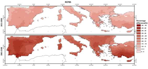 Εικόνα 4.7 Ποσοστιαία αλλαγή του δείκτη ξηρότητας συγκριτικά με την περίοδο αναφοράς για την πρώτη (πάνω) και την δεύτερη περίοδο μελέτης (κάτω), υπό το σενάριο συγκεντρώσεων RCP85.