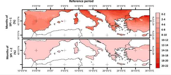 Εικόνα 4.9 Ποσοστό μηνών όπου σύμφωνα με τον SPI παρουσιάζονται σοβαρά (τιμές μικρότερες από -1) (άνω) και ακραία (μικρότερες από -2) (κάτω) φαινόμενα ξηρασίας την περίοδο αναφοράς. Στην Εικόνα 4.